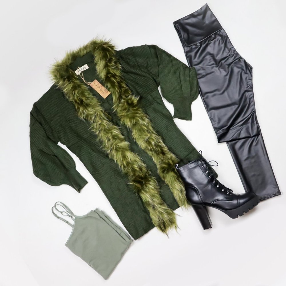 Olive Faux Fur Collar Long Sleeve Cardigan - Picture 6 of 6